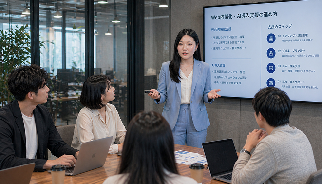 クライアントの社内会議にて説明する様子